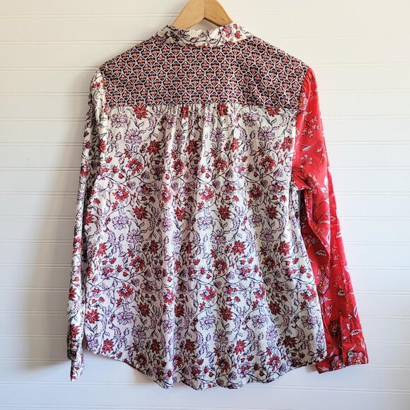 J. Jill Top Womens M Cream and Red Colorblock Print Button Up Cotton Gauzy Sheer - Picture 7 of 11